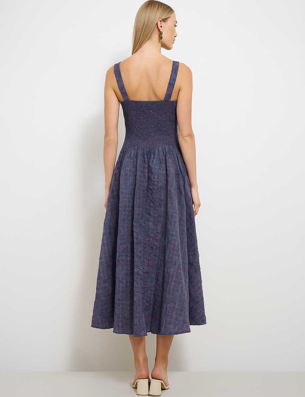 Ladies Multicolor Checked Strap Shoulder Sleeveless Midi Dress