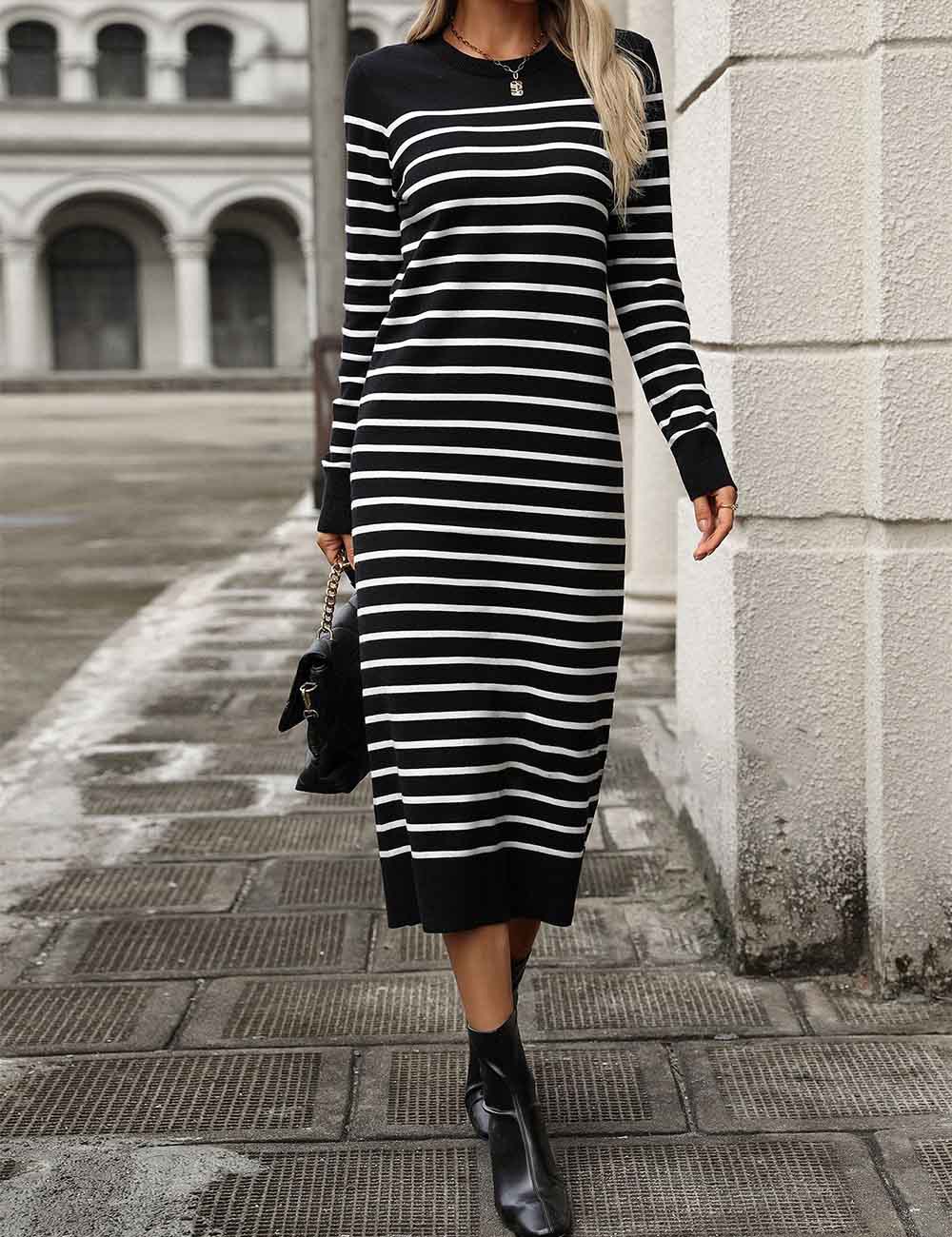 Ladies Color Block Striped Knit Midi Dress