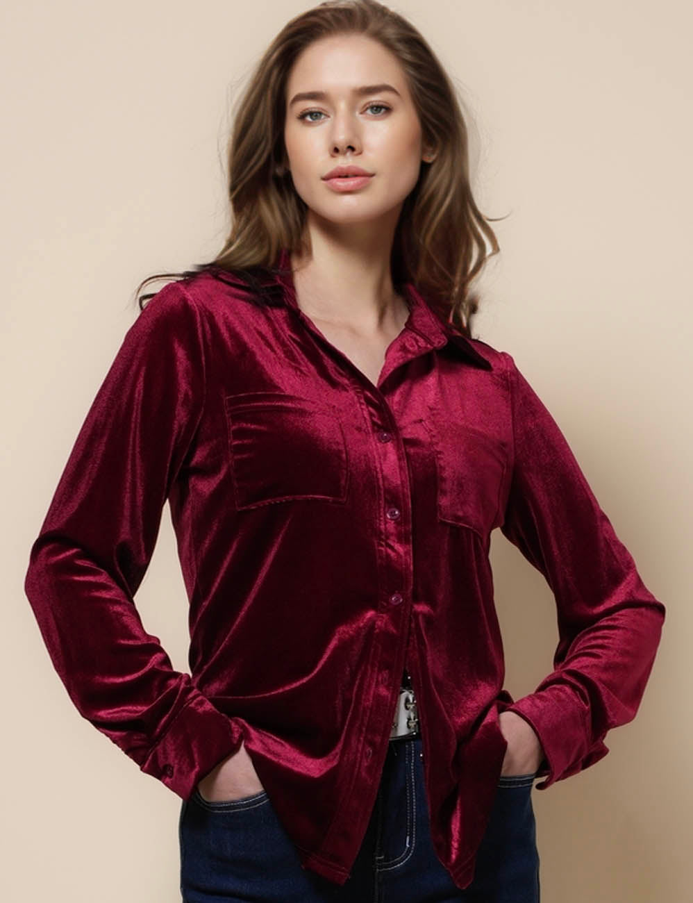 Ladies Velvet Turndown Collar Button Down Shirt SKT41102