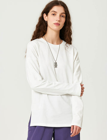 Ladies White Round Neck Long Sleeves T-Shirt