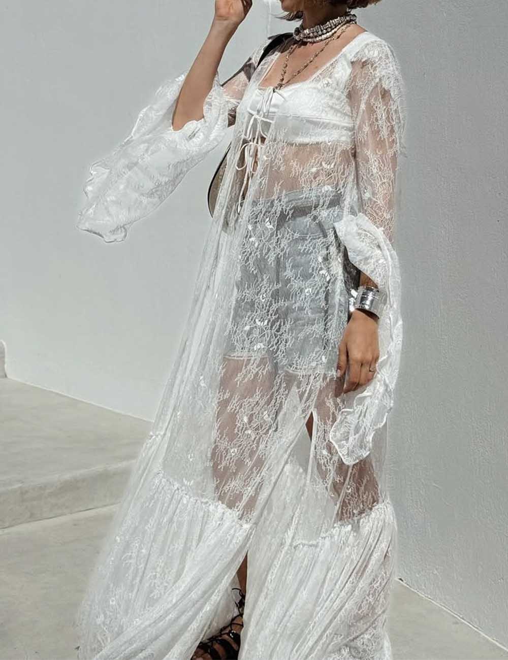 Ladies Hooded See Through Flared Long Sleeves Lace Cardigan