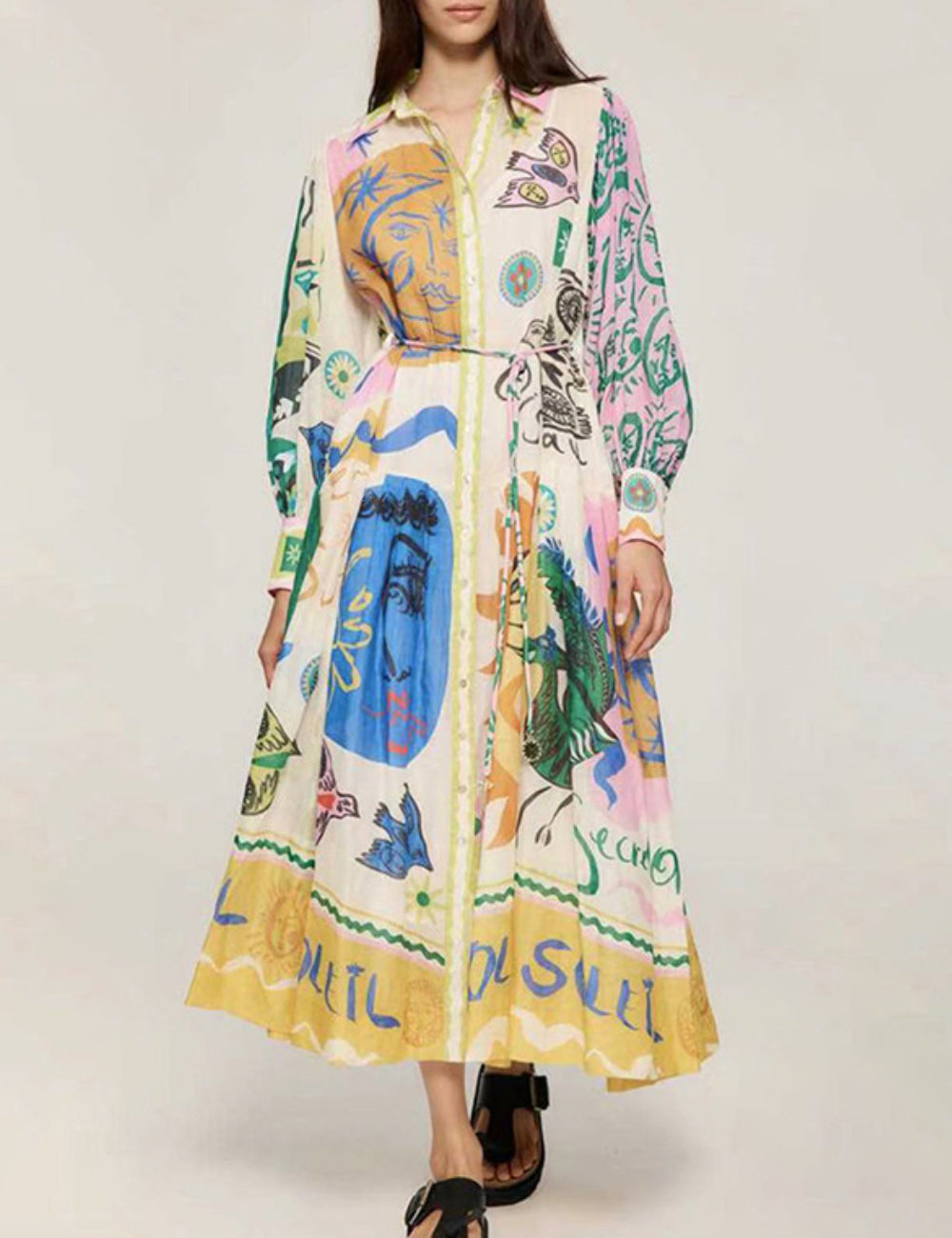 Z Ladies Print Multicolor Long Sleeves Midi Dress VDR787744