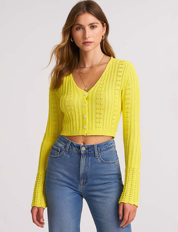 Ladies V-Neck Hollow Out Flared Sleeves Cropped Knit Top
