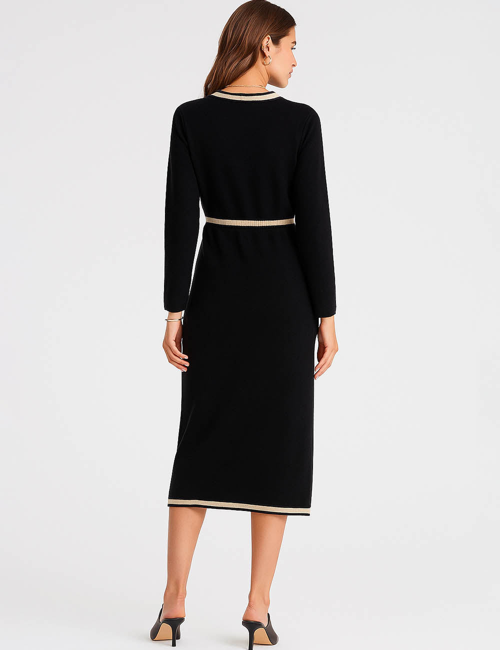 Ladies Color Block Striped Long Sleeves Ribbed Knit Midi Dress