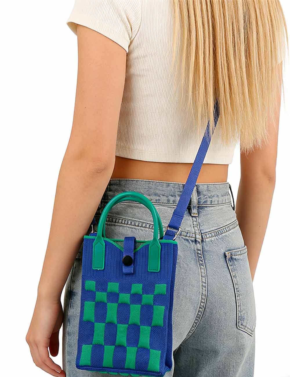 Ladies Checked Knitted Mini Mobile Phone Handbag