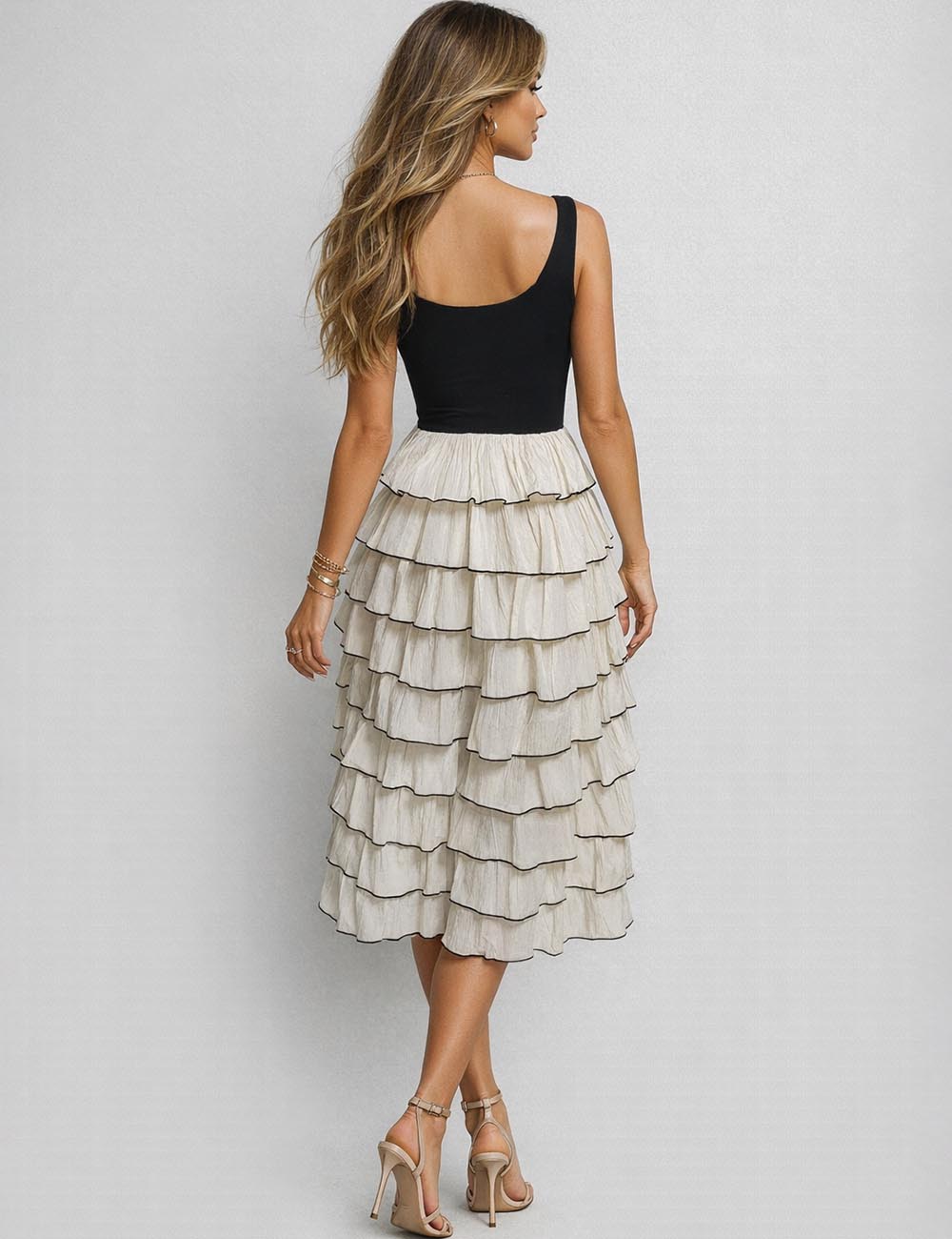 Ladies Chic Tiered Ruffle Scoop Neck Sleeveless Midi Dress
