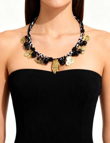 Ladies Woven Knotted Moon & Heart Pendants Necklace