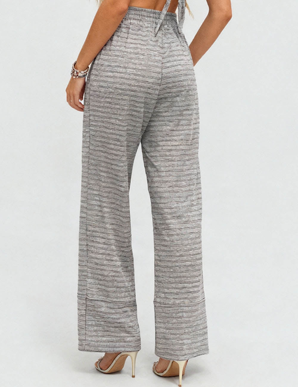 Ladies Striped Color Block Elastic Waist Wide Leg Pants