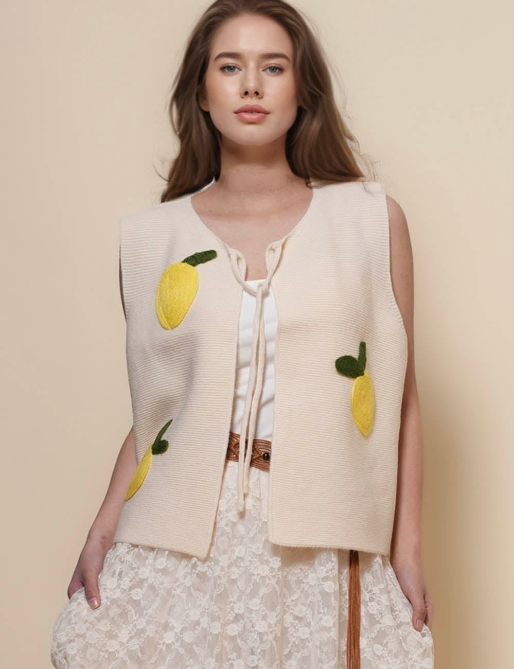 Ladies Round Neck Lemon Knit Sweater Vest SKT50138