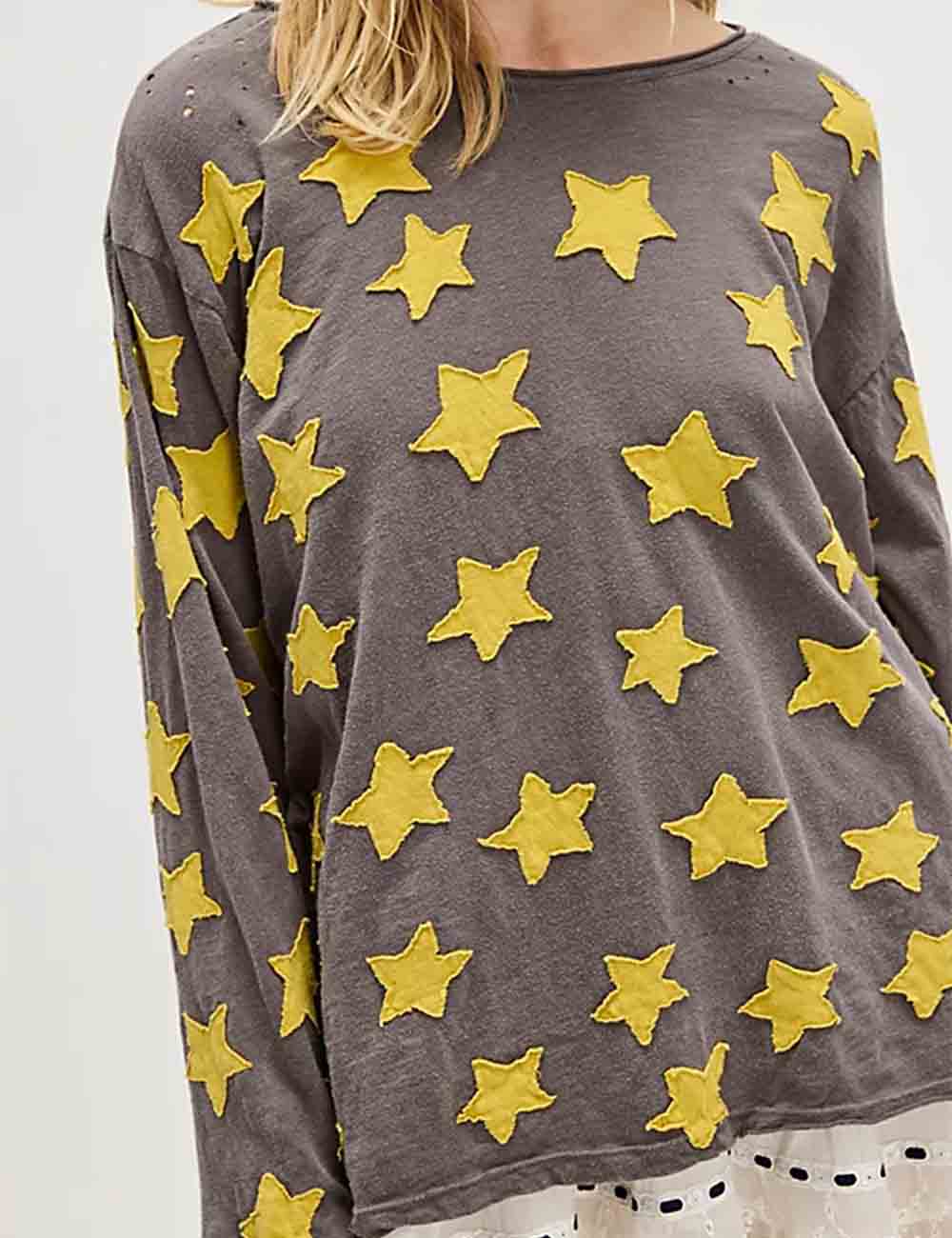 Ladies Pullover Color Block Star Applique Tee