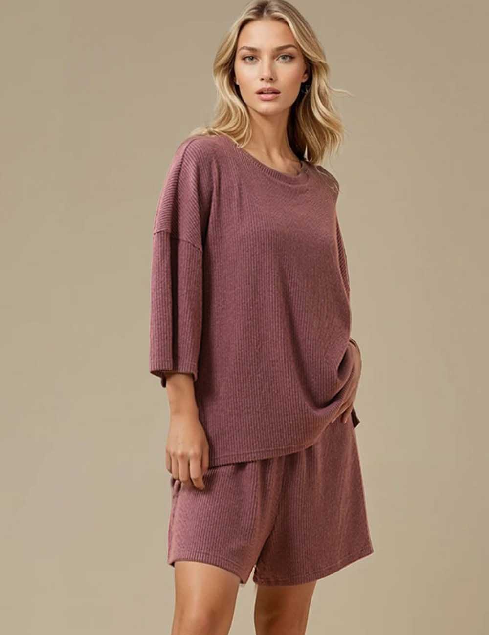 Ladies Ribbed Round Neck Short Sleeves Top & Shorts Set