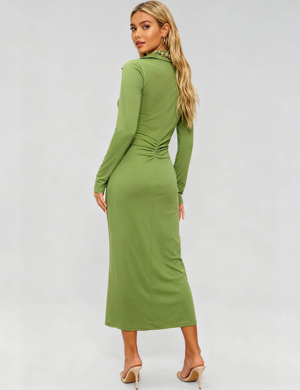 Ladies Lapel Collar Button Down Ruched Bodycon Midi Dress