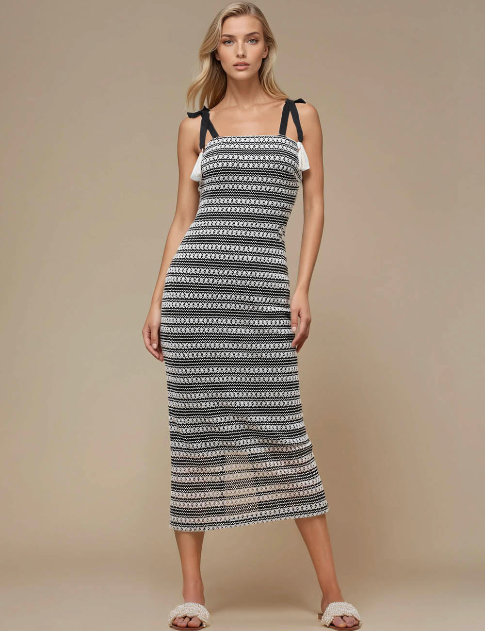 Ladies Strape Shoulder Striped Knit Midi Dress JD97450