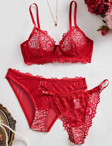 Ladies Lace Floral Bra & Thong & Panty 3PCS Lingerie Set