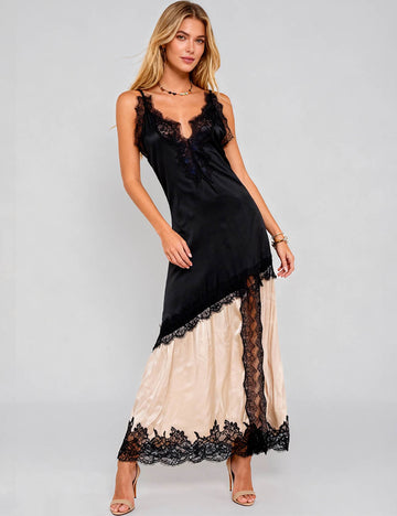 Ladies V-Neck Sleeveless Lace Splice Side Split Maxi Dress