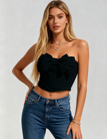 Ladies Velvet Strapless Corset Bow Neck Sleeveless Tube Top