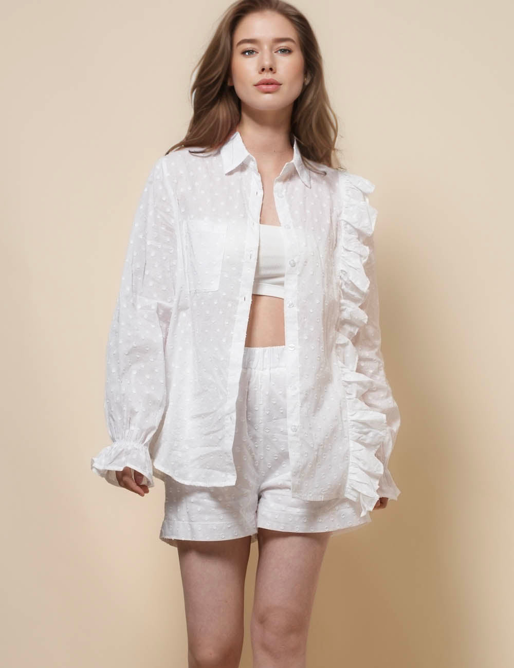 Ladies Polka Dot Ruffle Sleeves Top & Shorts Set SKST50814