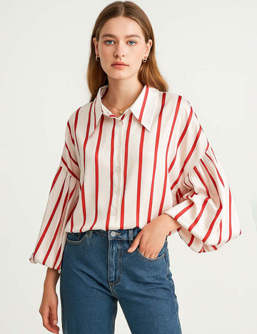 Ladies Lantern Sleeve Striped Short Shirt SKT4815