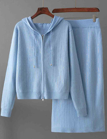 Ladies Hoodie Front Zipper Rhinestone Knit Sweatshirt & Skirt Set