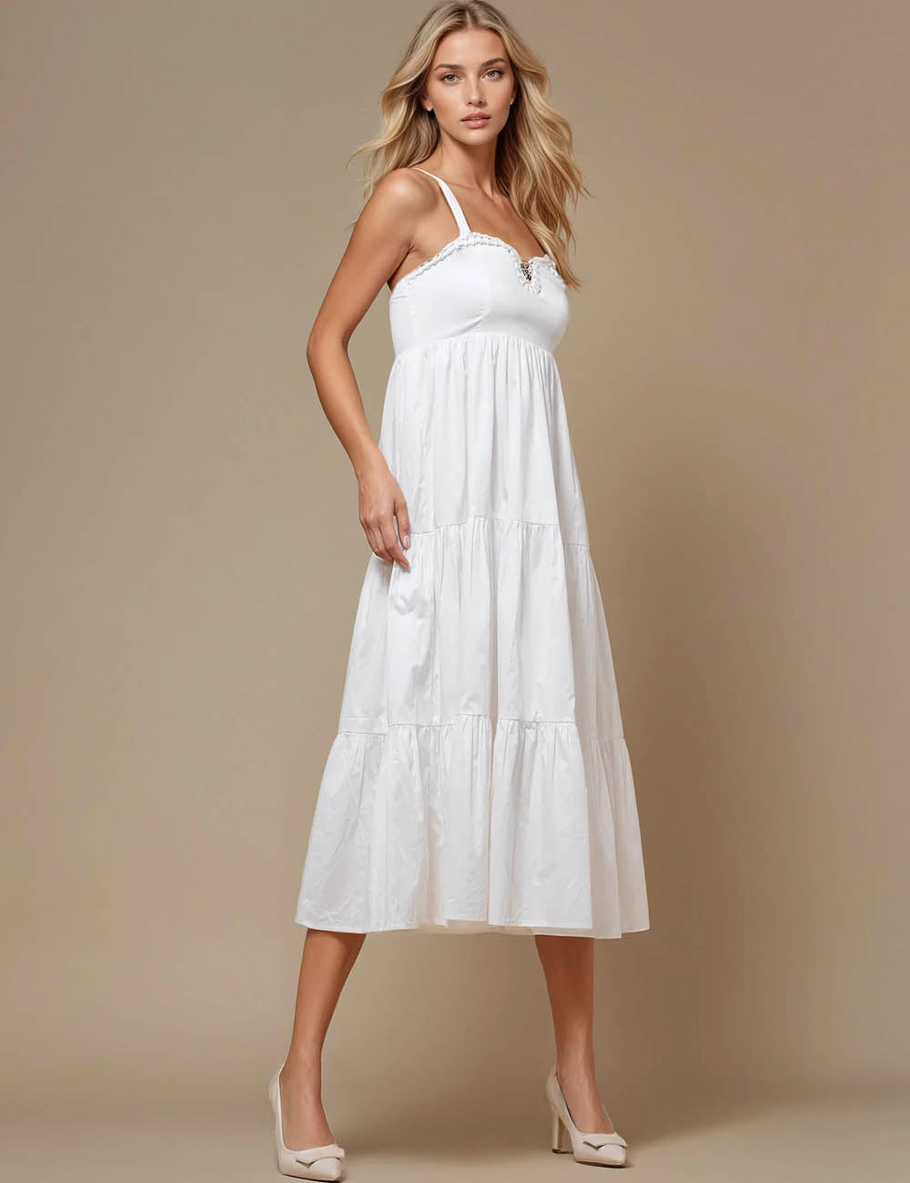 Ladies Elegant String Shoulder White Dress Basic Midi Dress