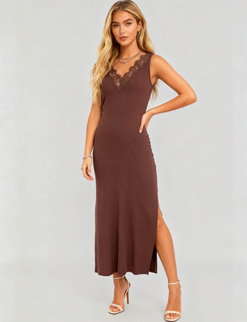 Ladies Lace Panel V-Neck Bodycon Tank Midi Dress