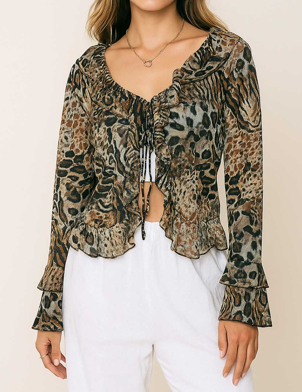Women Leopard Print Ruffle Blouse V-Neck Long Sleeve Blouse