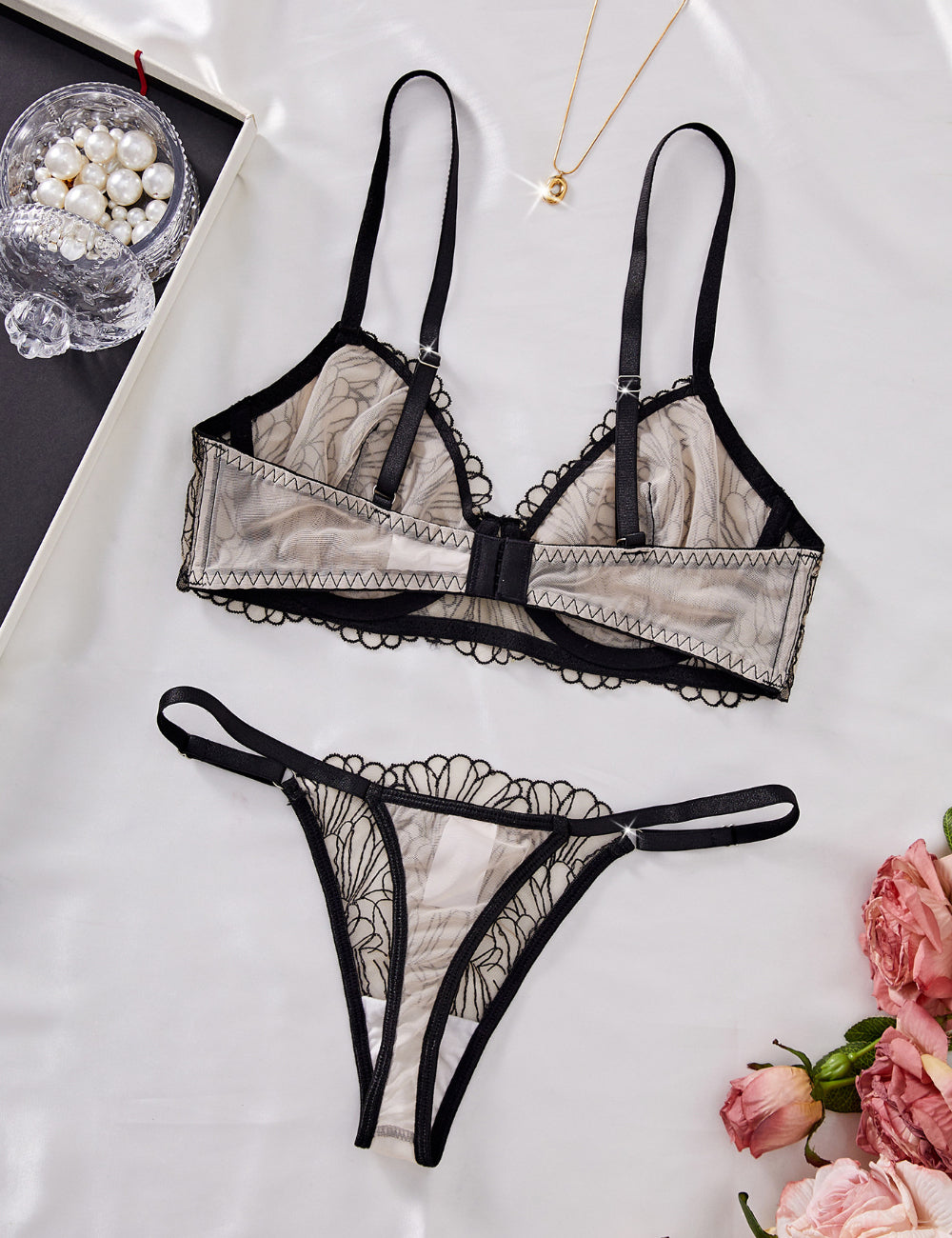 Ladies Embroidery Color Block 2PCS Lingerie Set SKLG4126