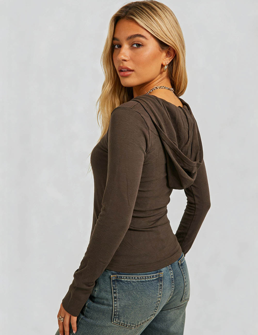 Ladies Solid Color Hooded Long Sleeves Henley Layering Top