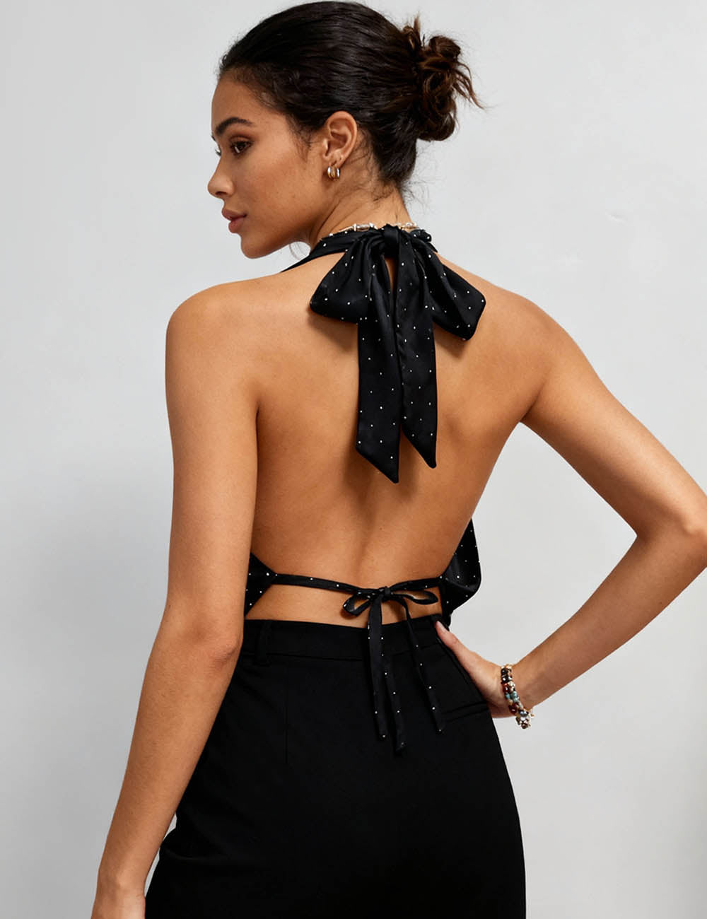 Ladies Halter Sleeveless Back Tie Satin Rhinestone Top