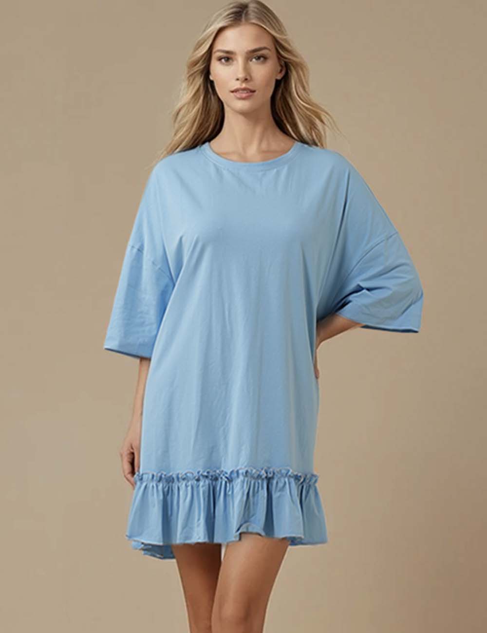 Ladies Solid Color Round Neck Short Sleeves Ruffle T-Shirt