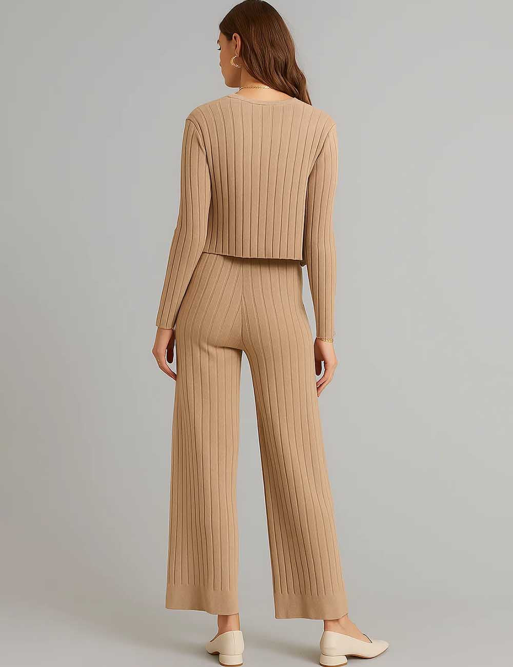 Ladies V-Neck Ribbed Knit 3PCS Cardigan & Pants Set