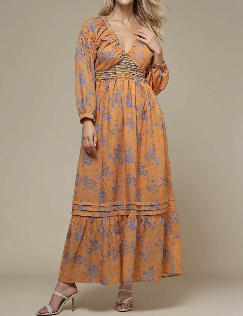 Ladies V-Neck Bubble Sleeves Floral Maxi Dress SKD50414
