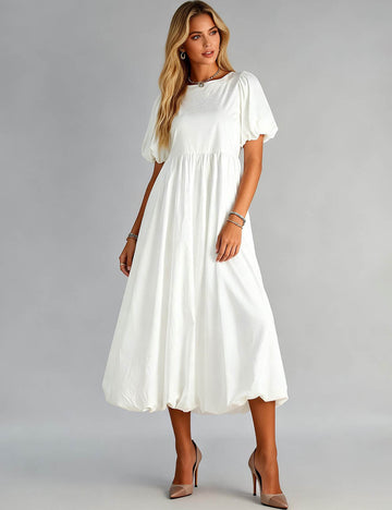 Ladies Round Neck Solid Color Puff Sleeves Midi Dress