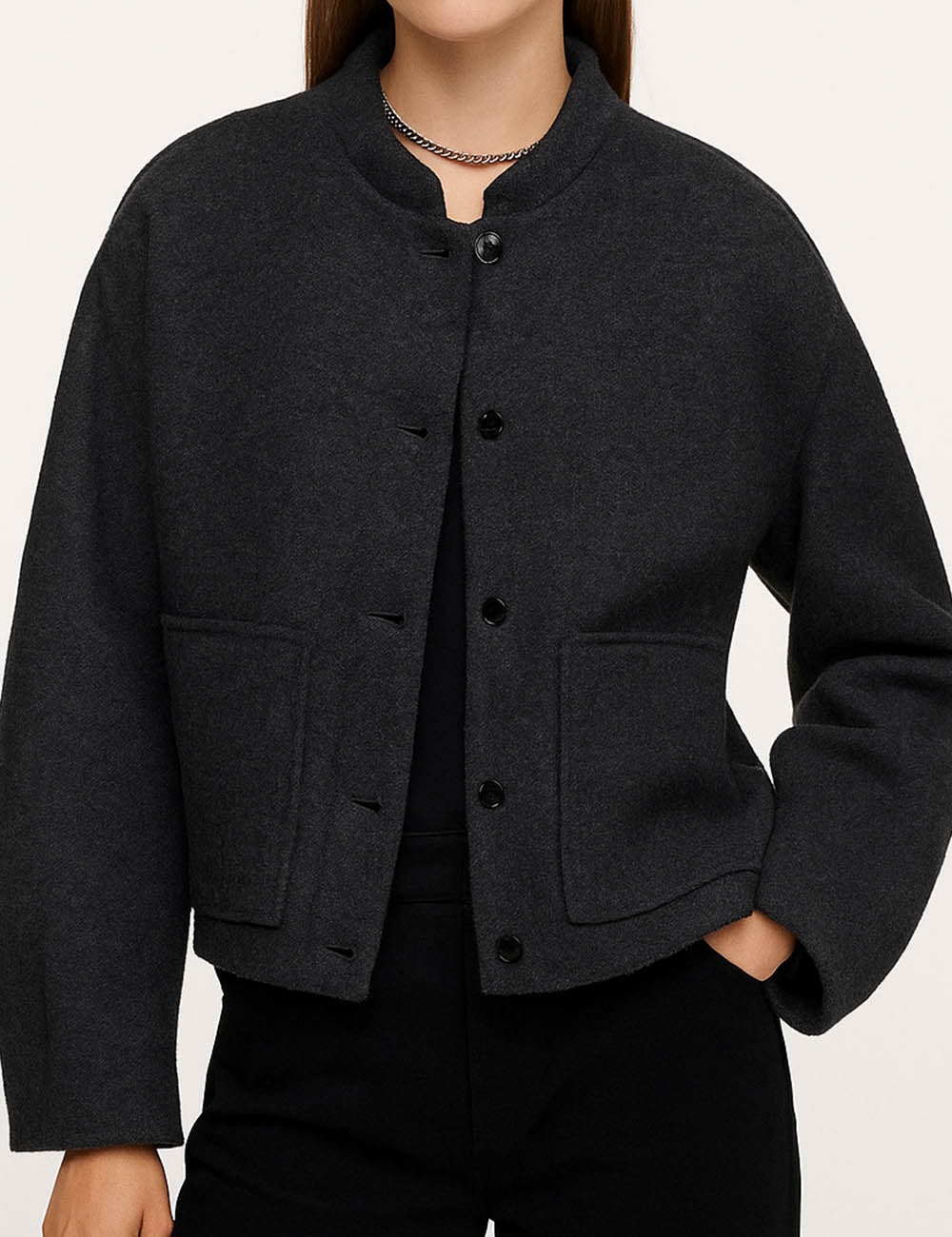 Ladies Solid Color Baseball Collar Patch Pocket Jacket