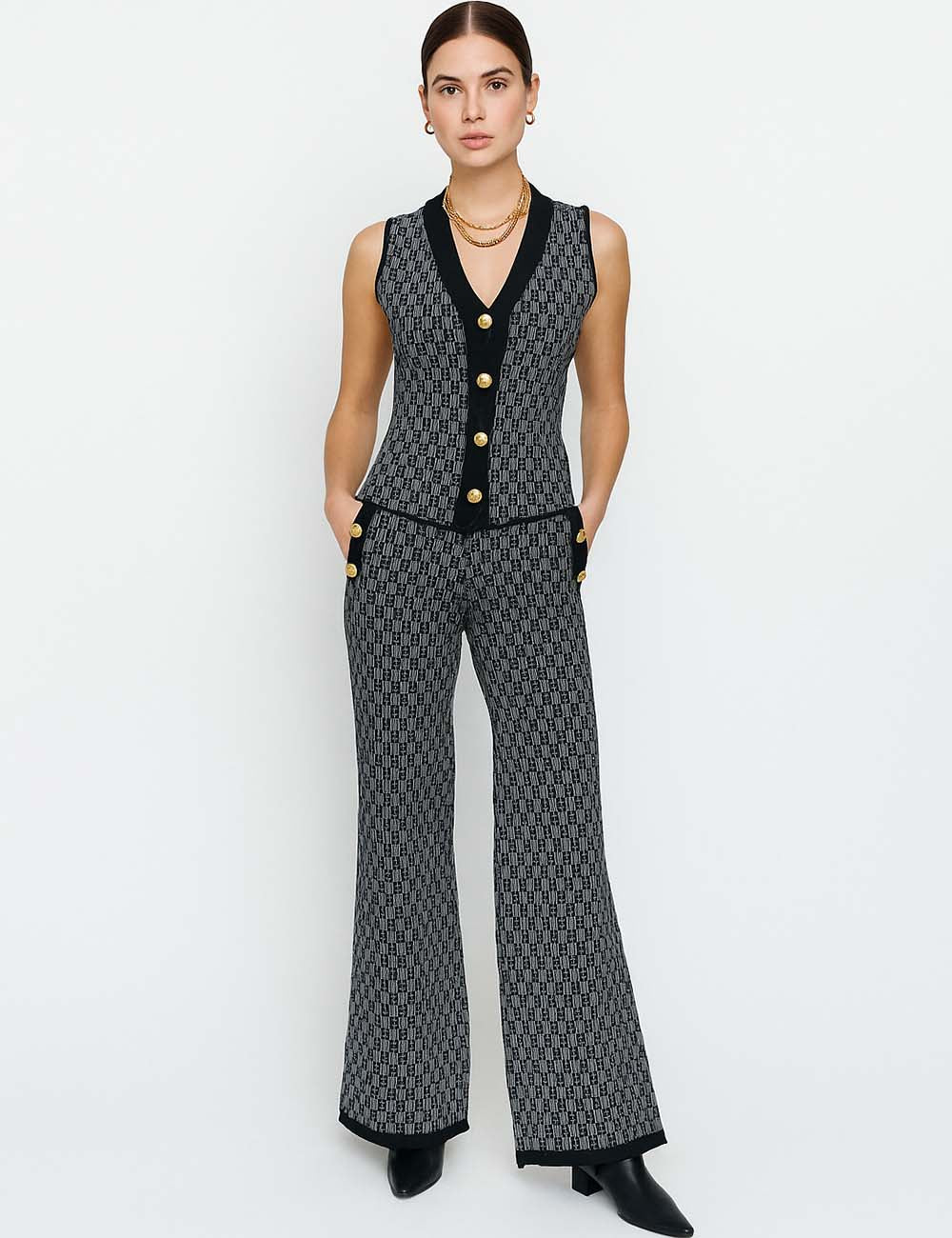Ladies Color Block V-Neck Vest Pants Sweater Set SKST41057
