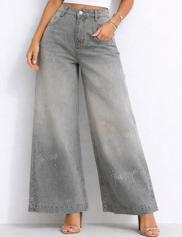 Ladies Rhinestone Baggy Jeans Wide Leg Denim Pants