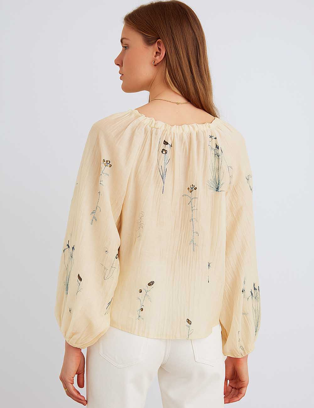Ladies Floral Embroidery String Tie Lantern Sleeves Blouse