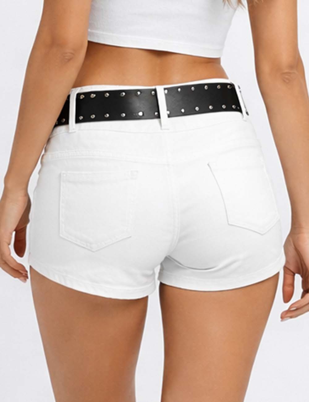 Ladies Metal Eyelet Solid Color Denim Shorts