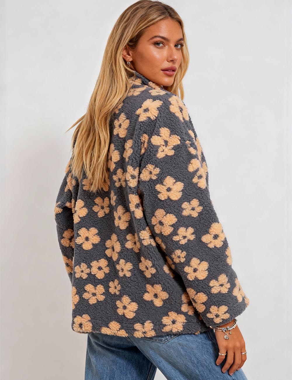 Ladies Floral Jacquard Zipper Front Fleece Sweatshirt