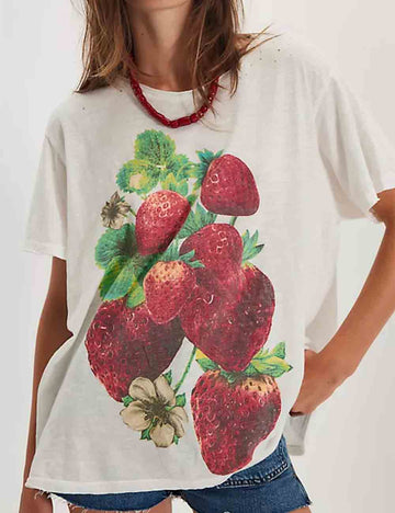 Ladies Pullover Strawberry Flower Print Short Sleeves Tee