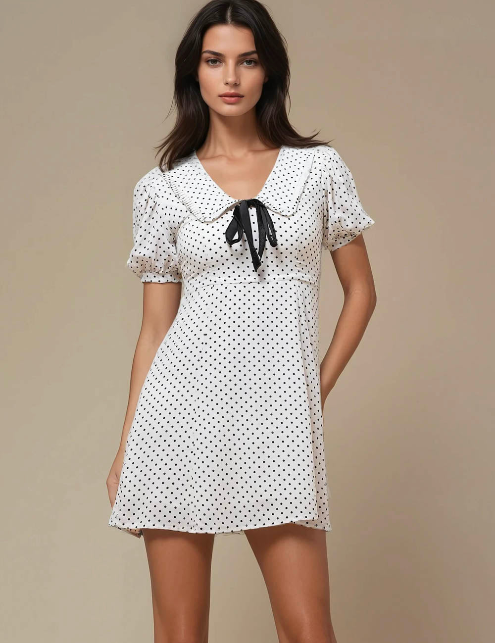 Ladies V-Neck Short Sleeves Polka Dot Mini Dress SKD50186