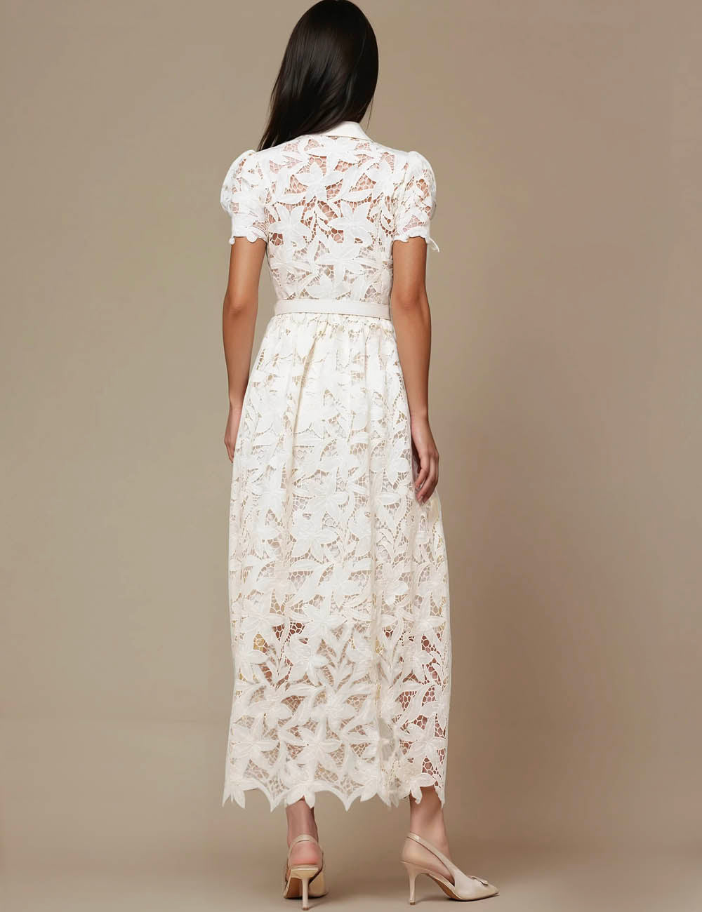 Ladies Elegant Turn Down Collar Short Sleeves Hollow Out Midi Dress