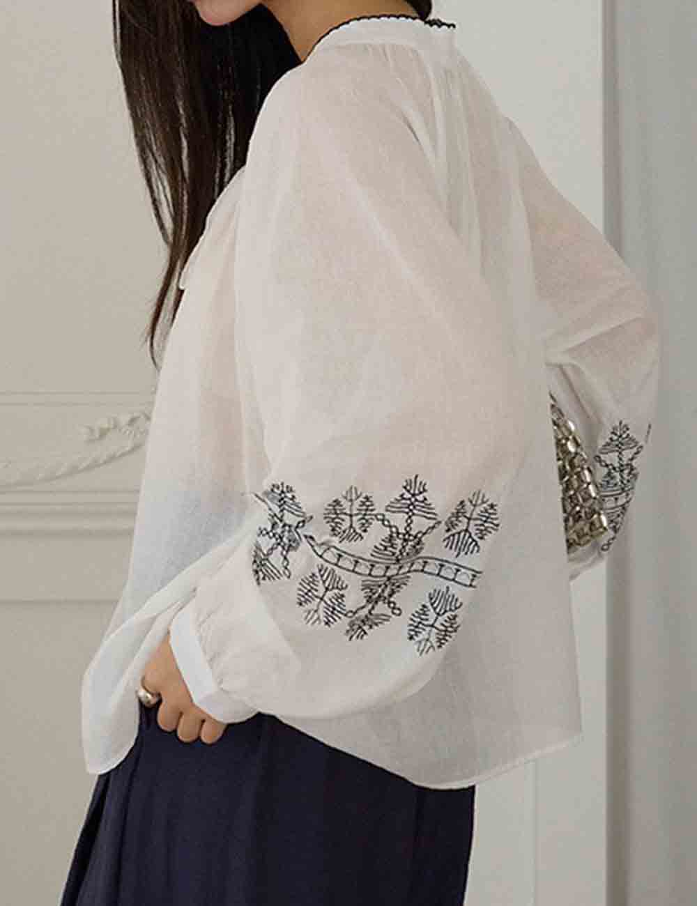 Ladies V-Neck Embroidery String Tie See Through Blouse