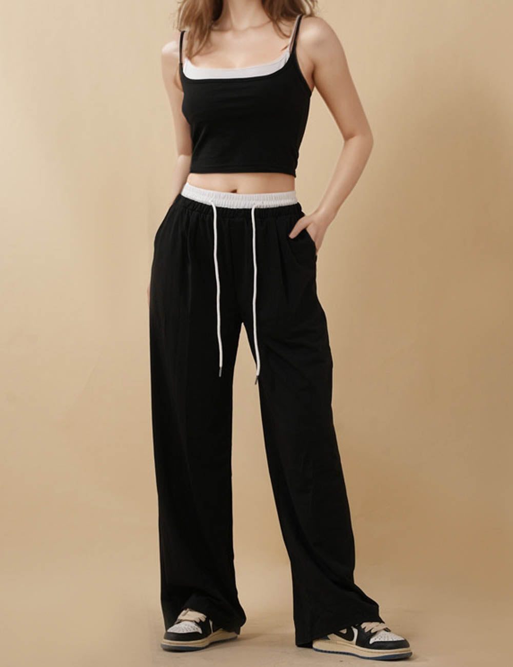Ladies Color Block String Tie Cami Top & Pants 2PCS Set