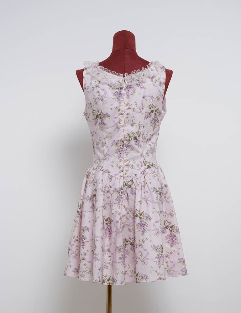 Ladies Romantic Floral Print Square Neck Sleeveless Mini Dress