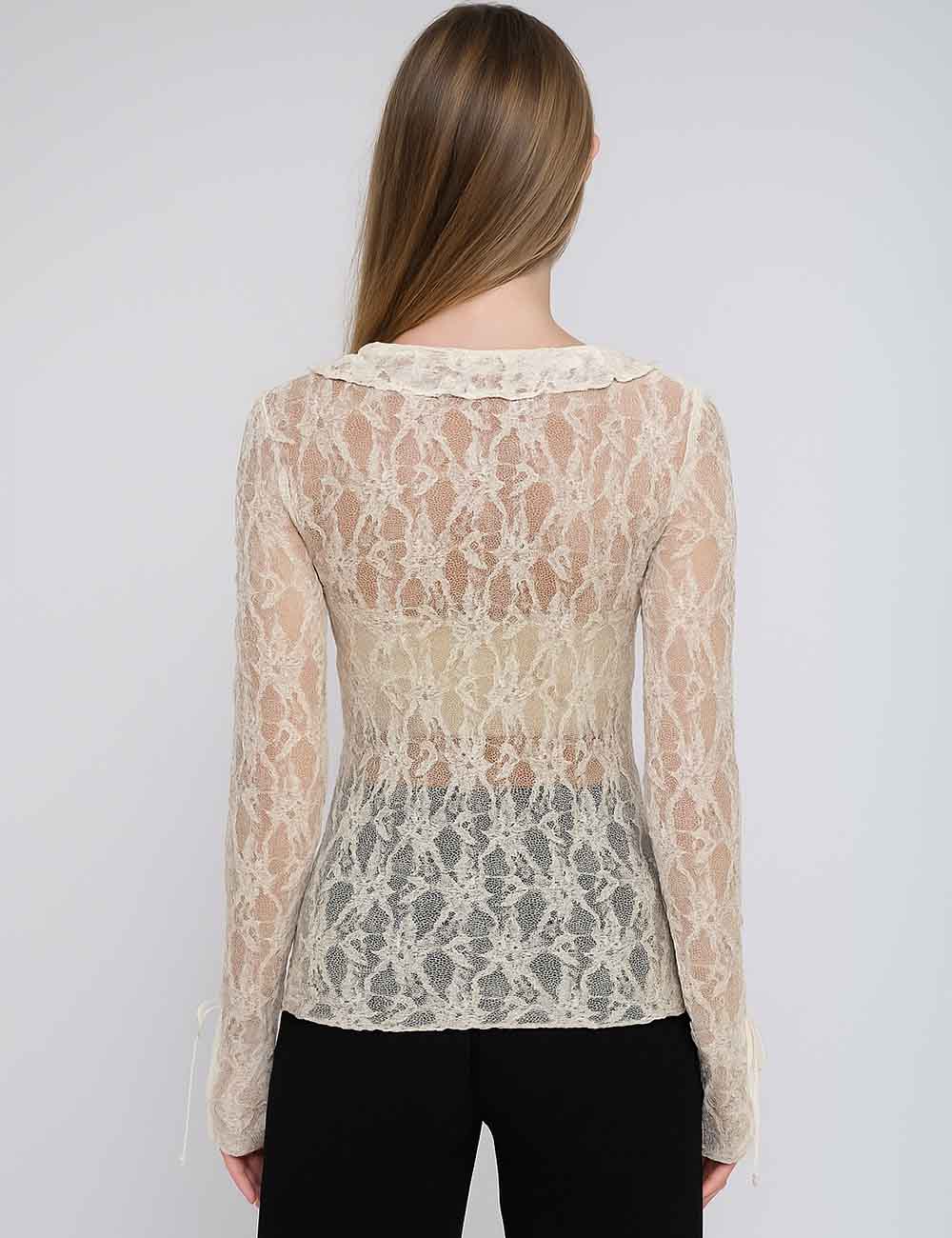Ladies V-Neck Lace Ruffle Long Sleeves String Tie Blouse
