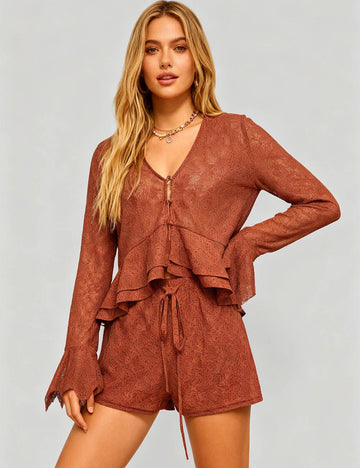 Ladies Lace Eyelet V-Neck Ruffle Hem Top & Shorts Set