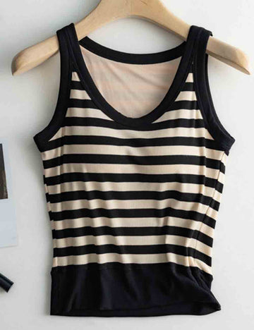 Ladies Color Block Striped Shelf Bra Strap Shoulder Tank Top