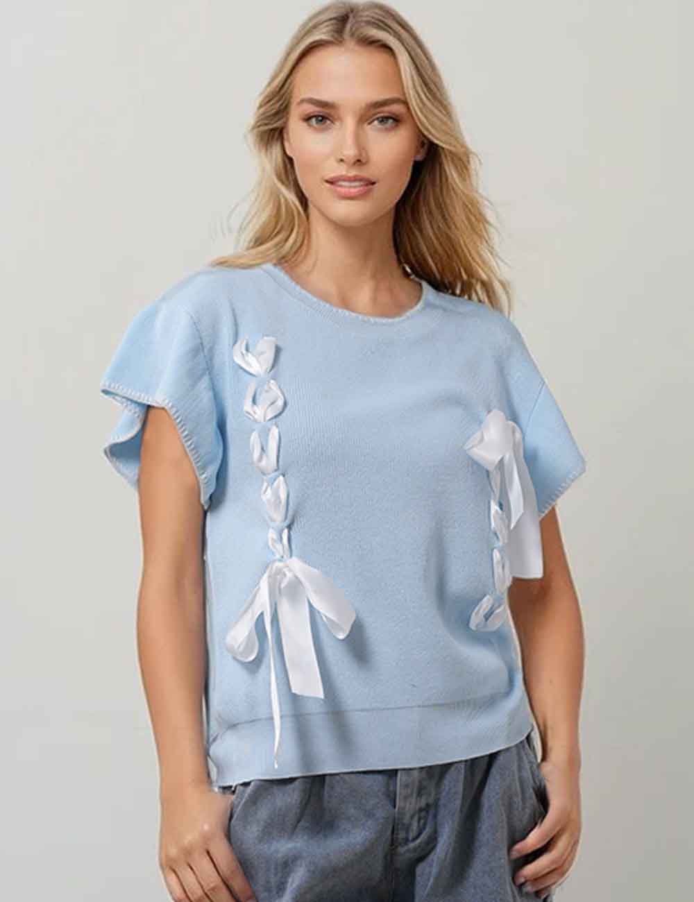Ladies Ribbon Bow Tie Ruffle Short Sleeves Knit Top