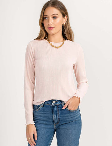 Ladies Wrinkle Round Neck Back Tie Flared Sleeves Blouse